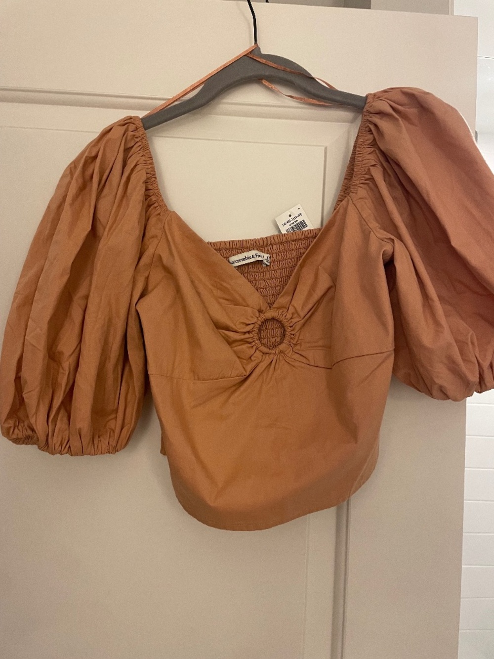 Abercrombie & Fitch Brown/Tan Smocked Puff Sleeve Peplum Top